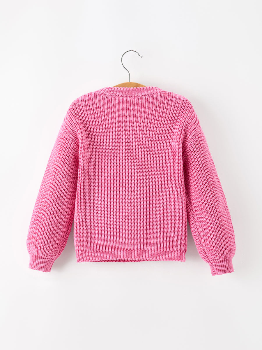 Valentine Girls Pink Heart Script Embroidered Knit Sweater