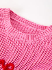 Valentine Girls Pink Heart Script Embroidered Knit Sweater