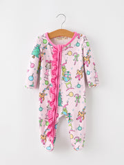 Baby Girls Pink Christmas Holiday Print Ruffle Footie
