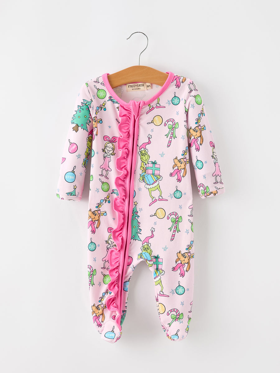 Baby Girls Pink Christmas Holiday Print Ruffle Footie