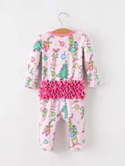 Baby Girls Pink Christmas Holiday Print Ruffle Footie