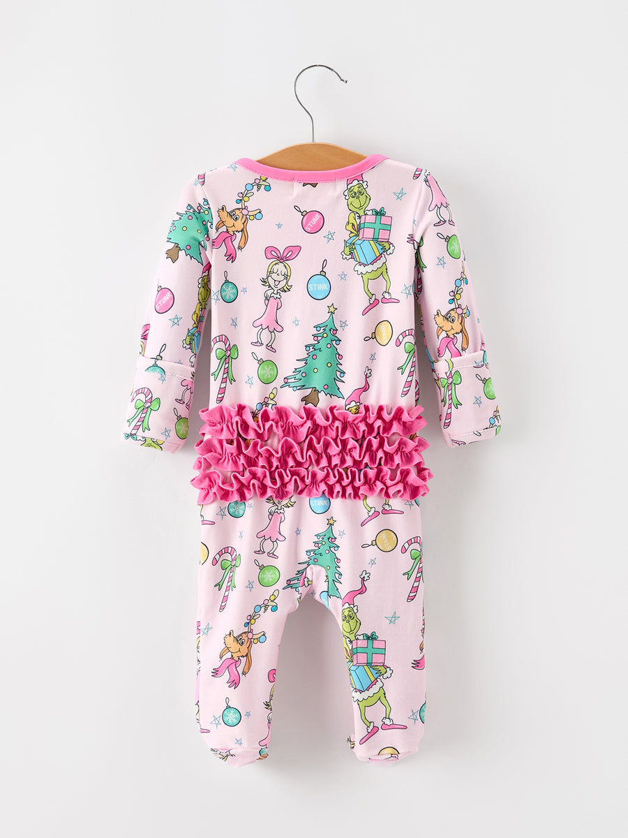 Baby Girls Pink Christmas Holiday Print Ruffle Footie