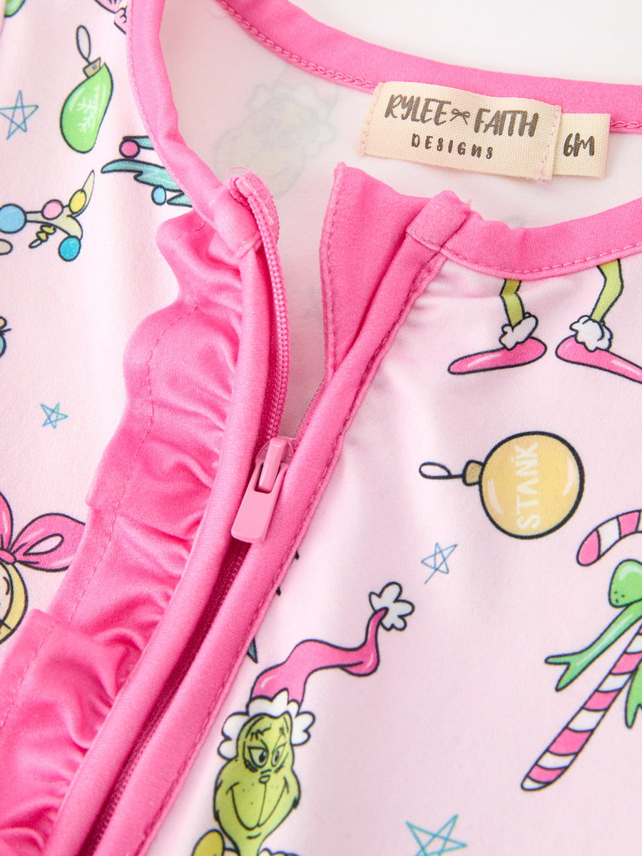 Baby Girls Pink Christmas Holiday Print Ruffle Footie
