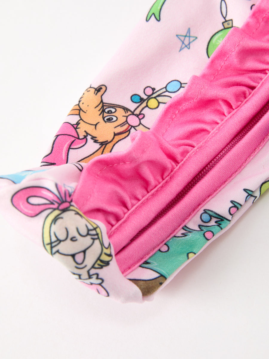 Baby Girls Pink Christmas Holiday Print Ruffle Footie