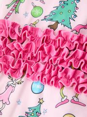 Baby Girls Pink Christmas Holiday Print Ruffle Footie