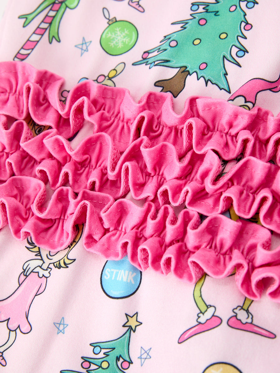 Baby Girls Pink Christmas Holiday Print Ruffle Footie