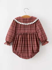 Baby Girls Brown Plaid Floral Lace Collar Romper
