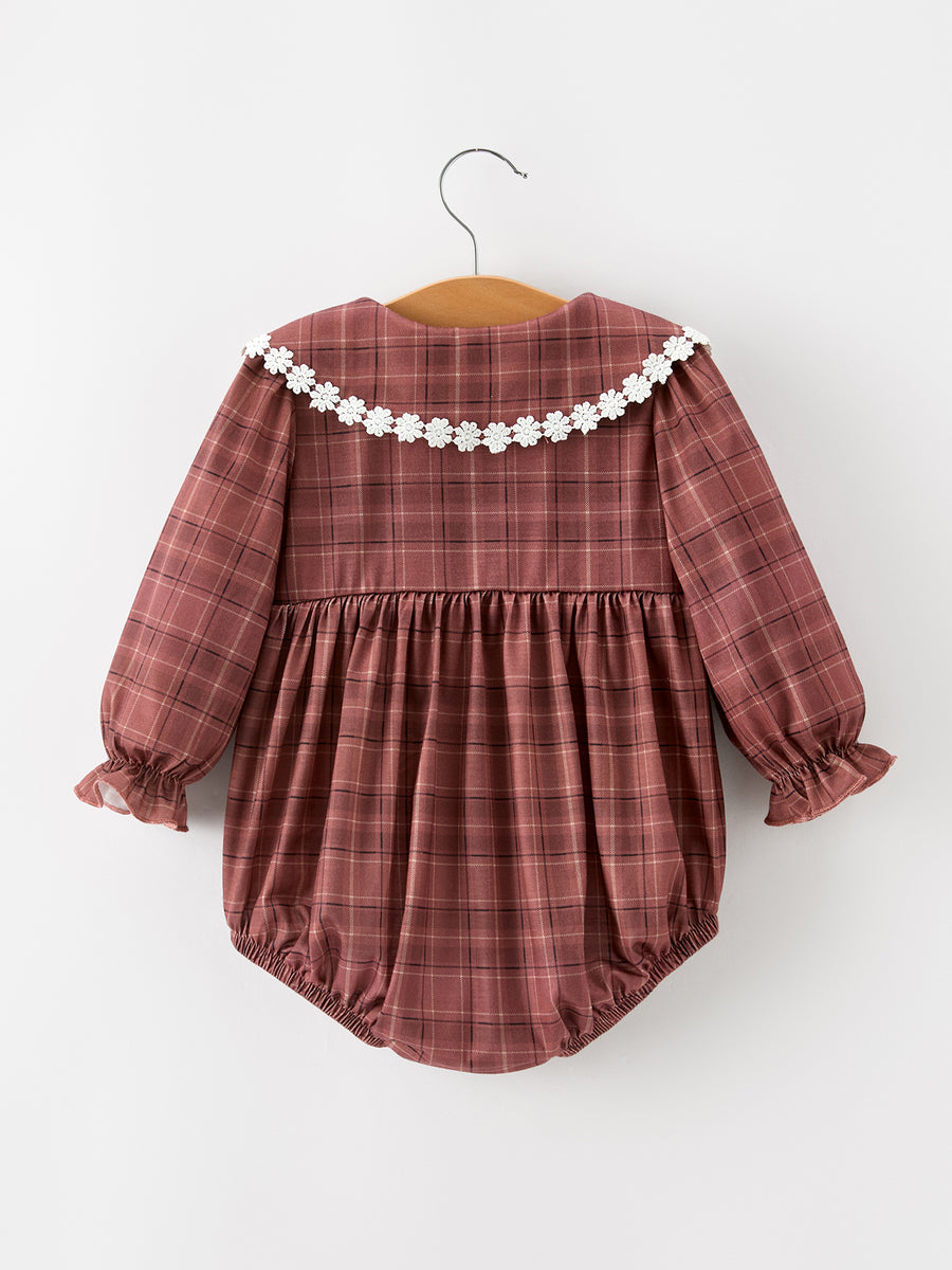 Baby Girls Brown Plaid Floral Lace Collar Romper