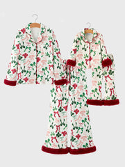 Holiday Bow Print Christmas Pajama Set – Girls Cozy Red Trim Sleepwear