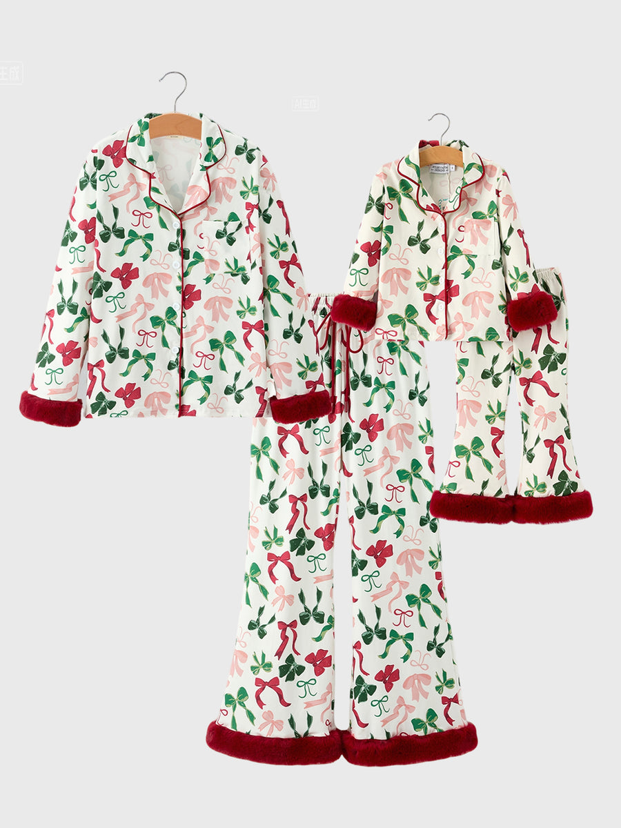 Holiday Bow Print Christmas Pajama Set – Girls Cozy Red Trim Sleepwear