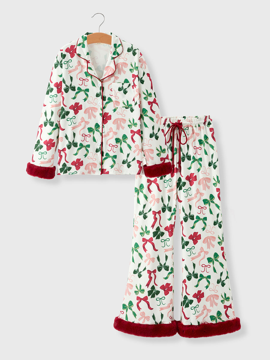 Holiday Bow Print Christmas Pajama Set – Girls Cozy Red Trim Sleepwear