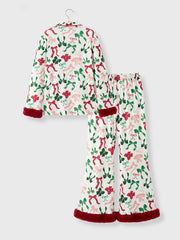 Holiday Bow Print Christmas Pajama Set – Girls Cozy Red Trim Sleepwear