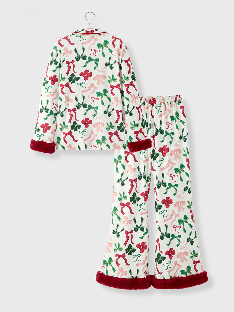 Holiday Bow Print Christmas Pajama Set – Girls Cozy Red Trim Sleepwear