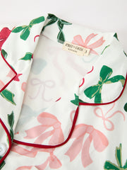 Holiday Bow Print Christmas Pajama Set – Girls Cozy Red Trim Sleepwear