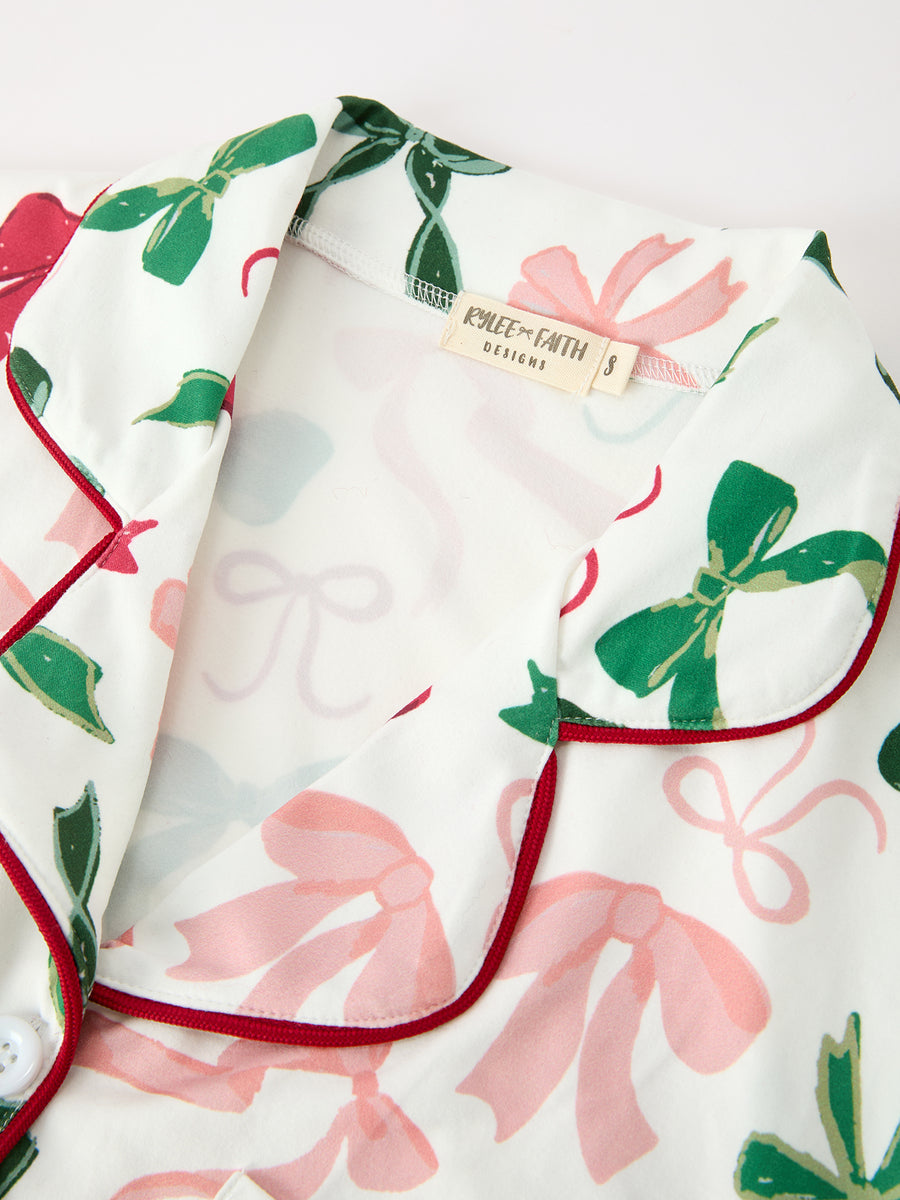 Holiday Bow Print Christmas Pajama Set – Girls Cozy Red Trim Sleepwear