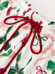 Holiday Bow Print Christmas Pajama Set – Girls Cozy Red Trim Sleepwear