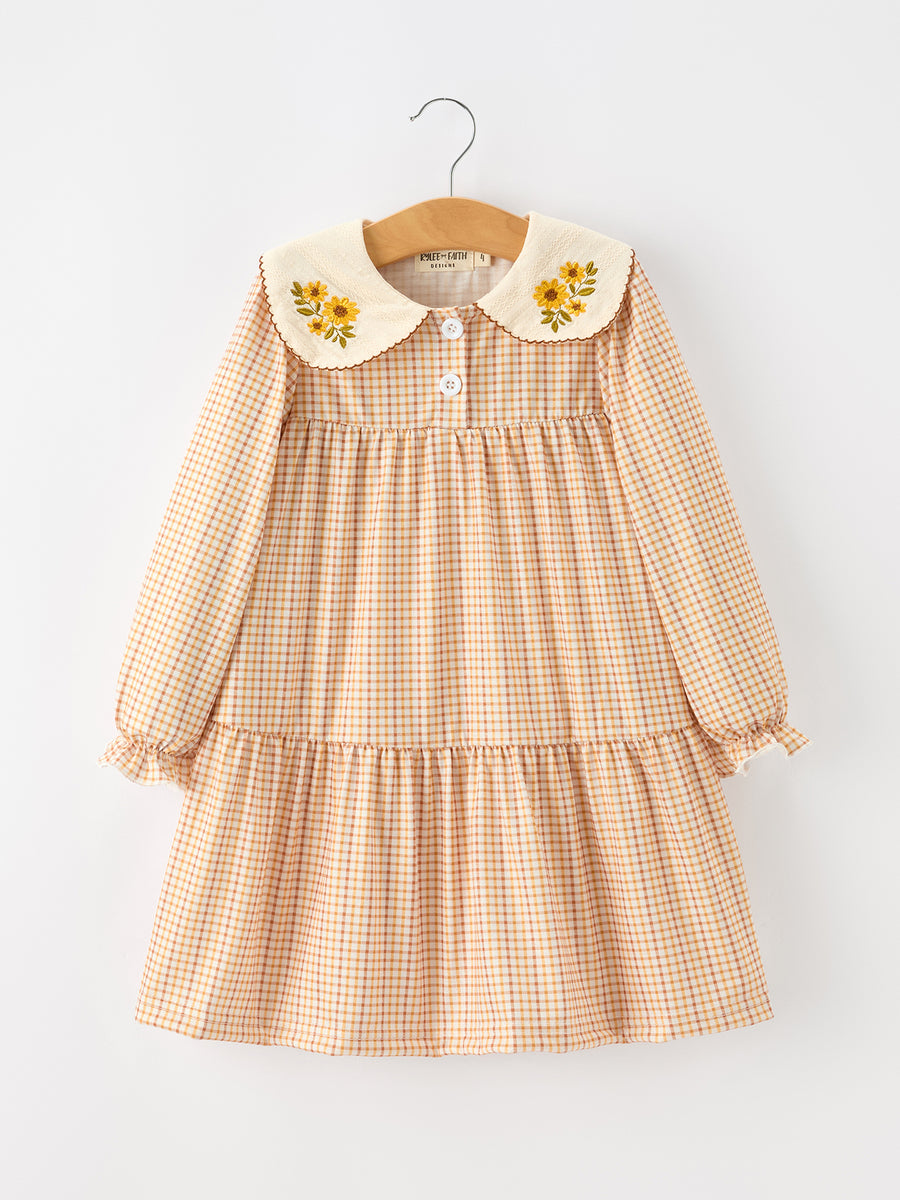 Girls Orange Plaid Floral Embroidered Collar Dress
