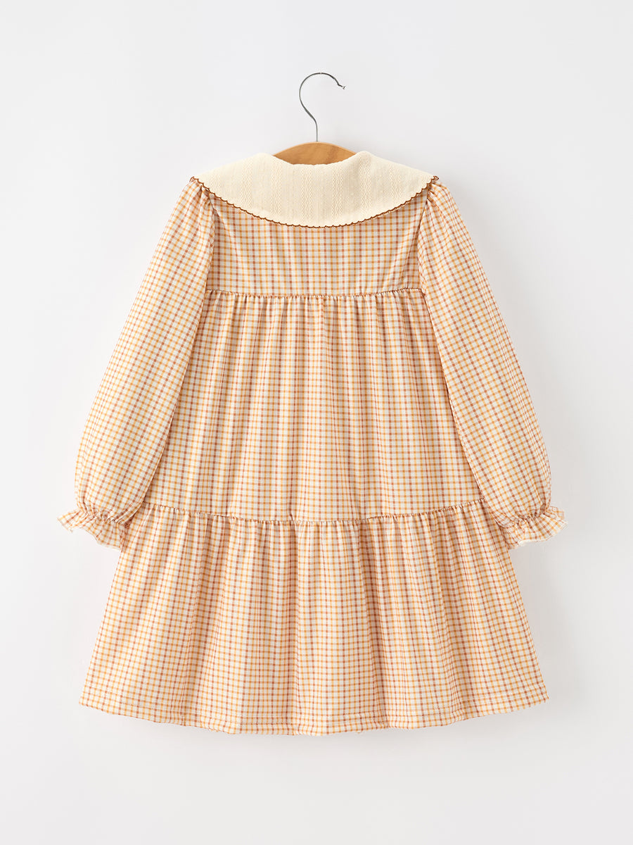 Girls Orange Plaid Floral Embroidered Collar Dress