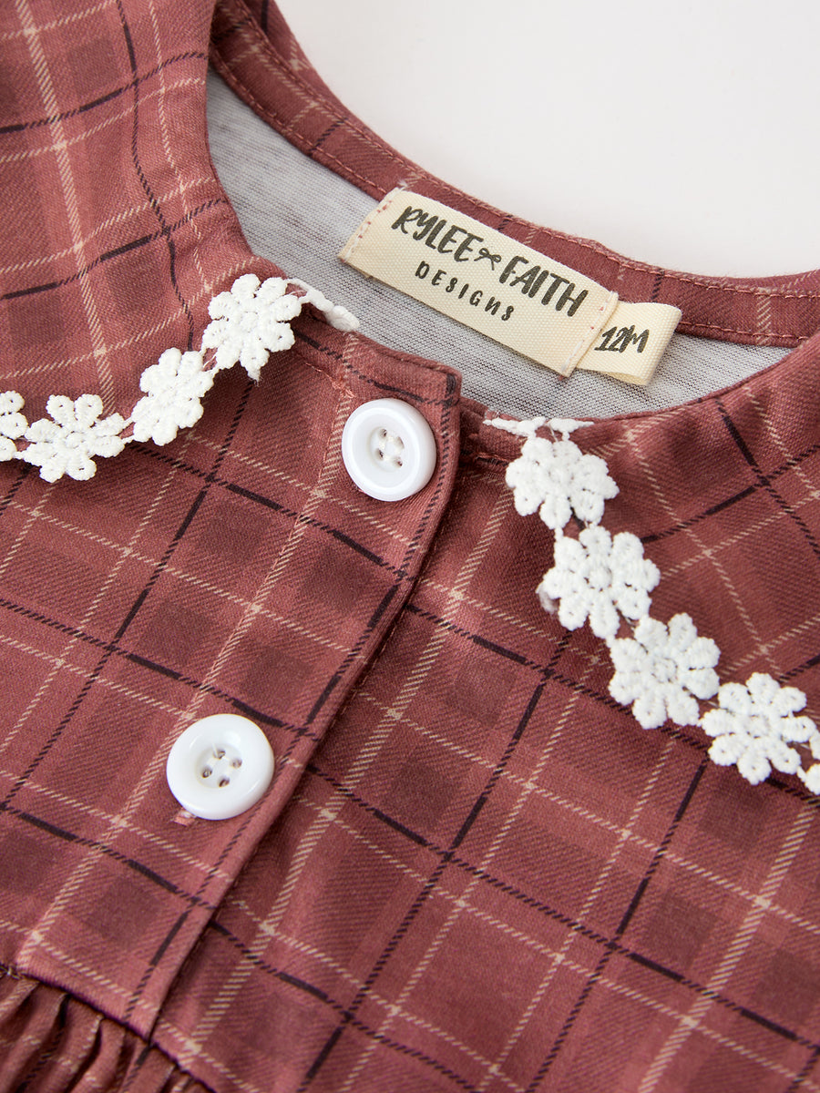 Baby Girls Brown Plaid Floral Lace Collar Romper