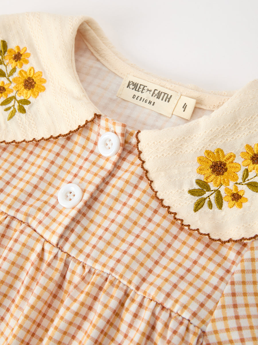 Girls Orange Plaid Floral Embroidered Collar Dress