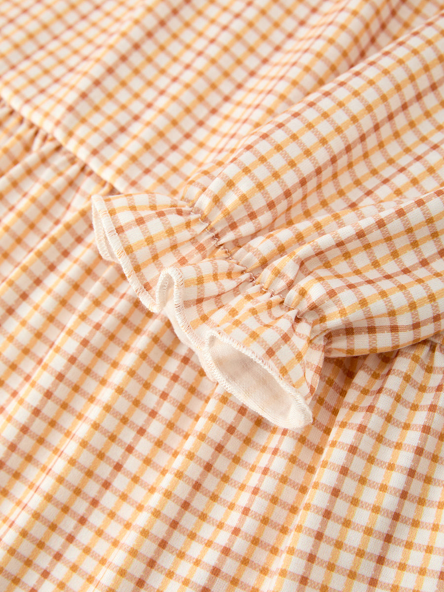 Girls Orange Plaid Floral Embroidered Collar Dress