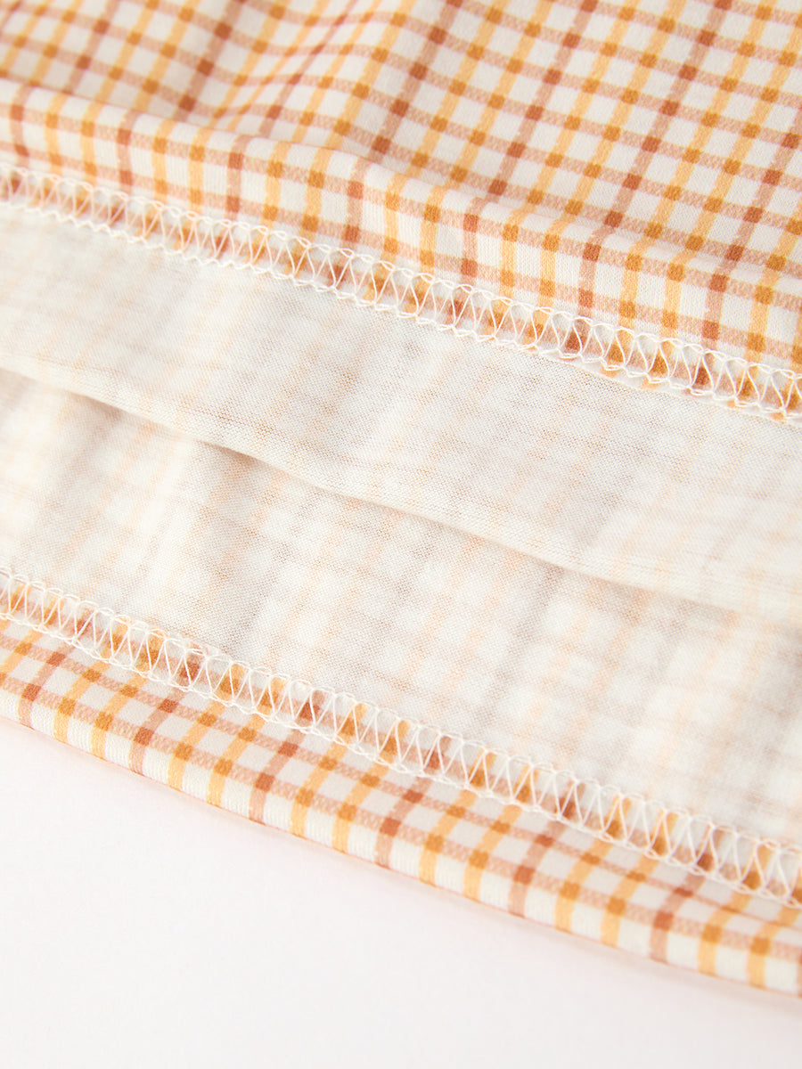 Girls Orange Plaid Floral Embroidered Collar Dress