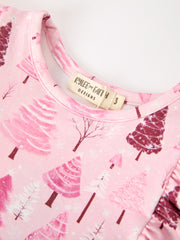 Christmas Tree Print Girls Pink Ruffle Long Sleeve Dress