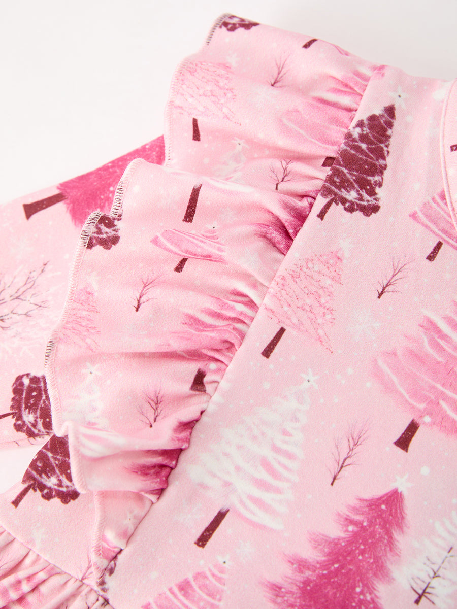 Christmas Tree Print Girls Pink Ruffle Long Sleeve Dress