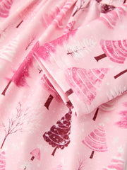 Christmas Tree Print Girls Pink Ruffle Long Sleeve Dress
