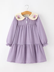Girls Purple Gingham Floral Embroidered Collar Dress