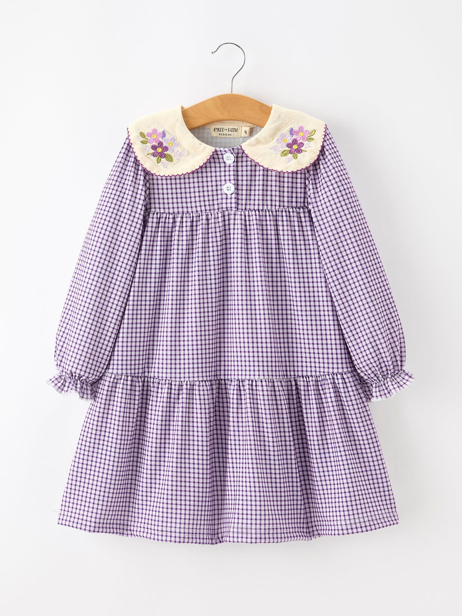 Girls Purple Gingham Floral Embroidered Collar Dress