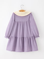 Girls Purple Gingham Floral Embroidered Collar Dress