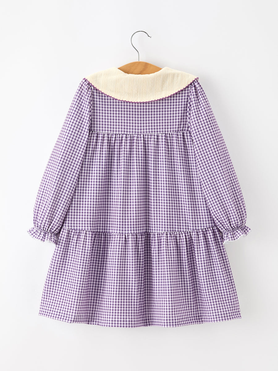 Girls Purple Gingham Floral Embroidered Collar Dress