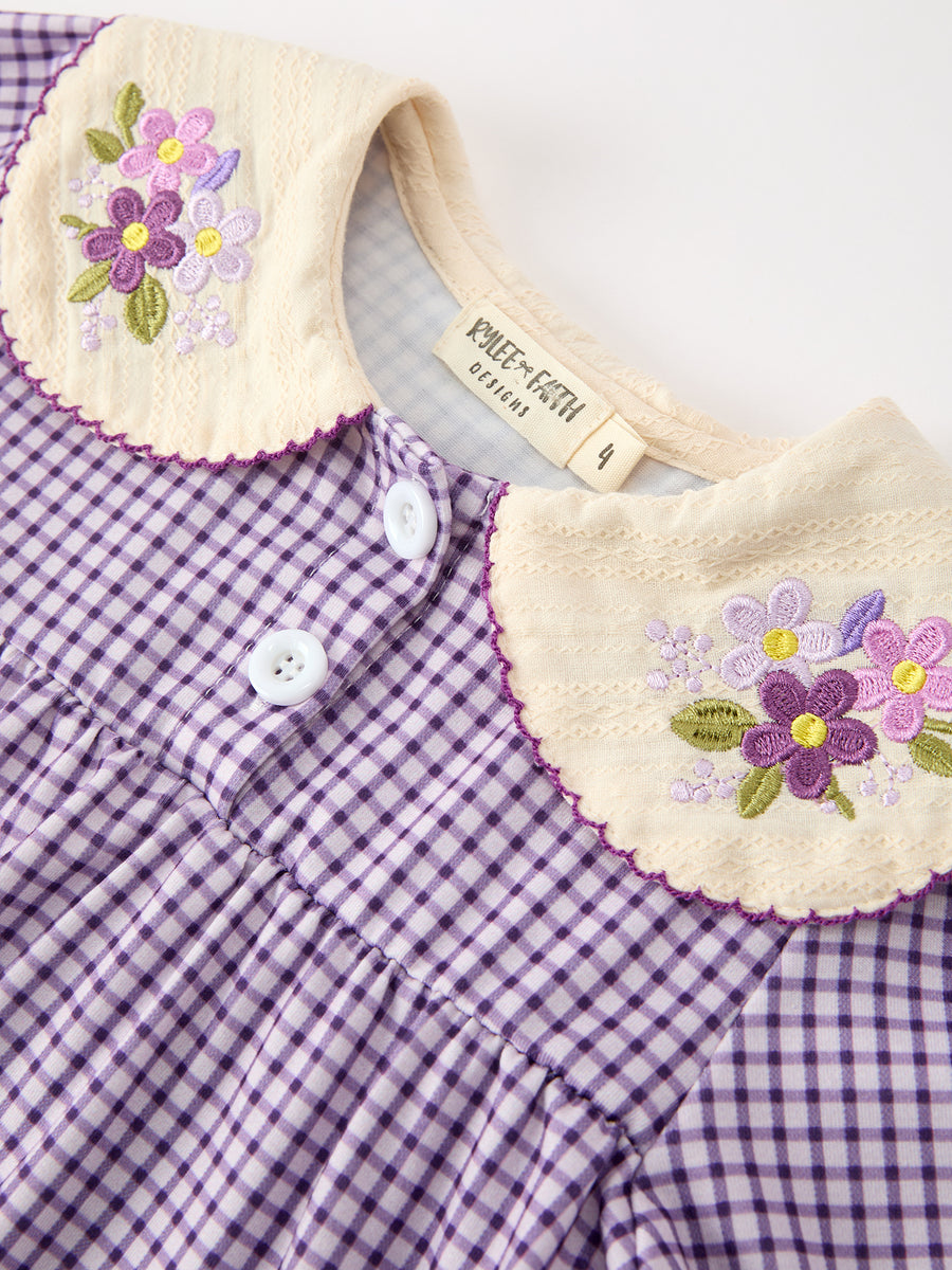 Girls Purple Gingham Floral Embroidered Collar Dress