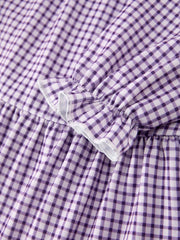 Girls Purple Gingham Floral Embroidered Collar Dress