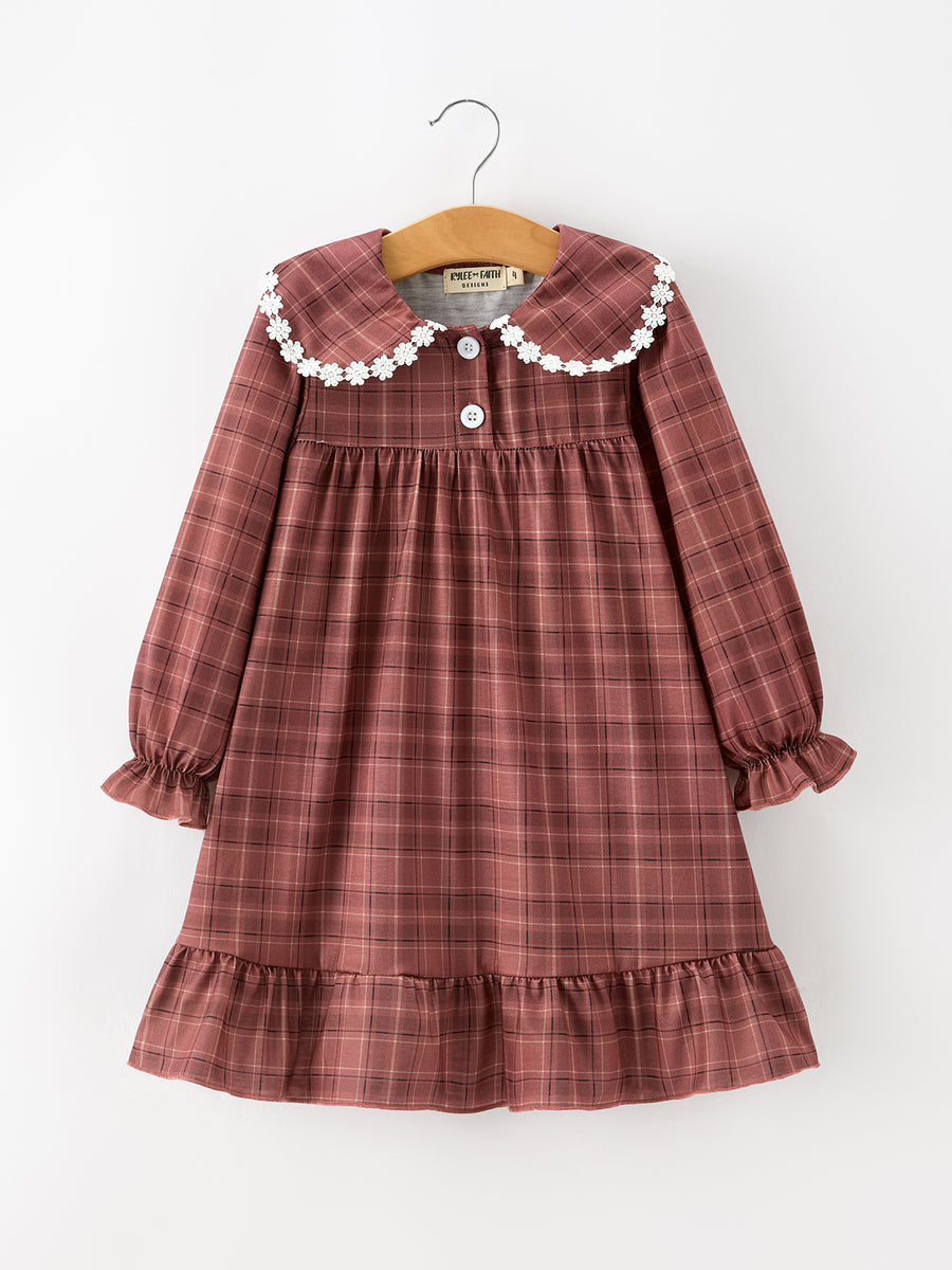 Girls Brown Plaid Lace-Trim Peter Pan Collar Dress