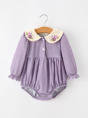 Girls Purple Plaid Floral Collar Bubble Romper