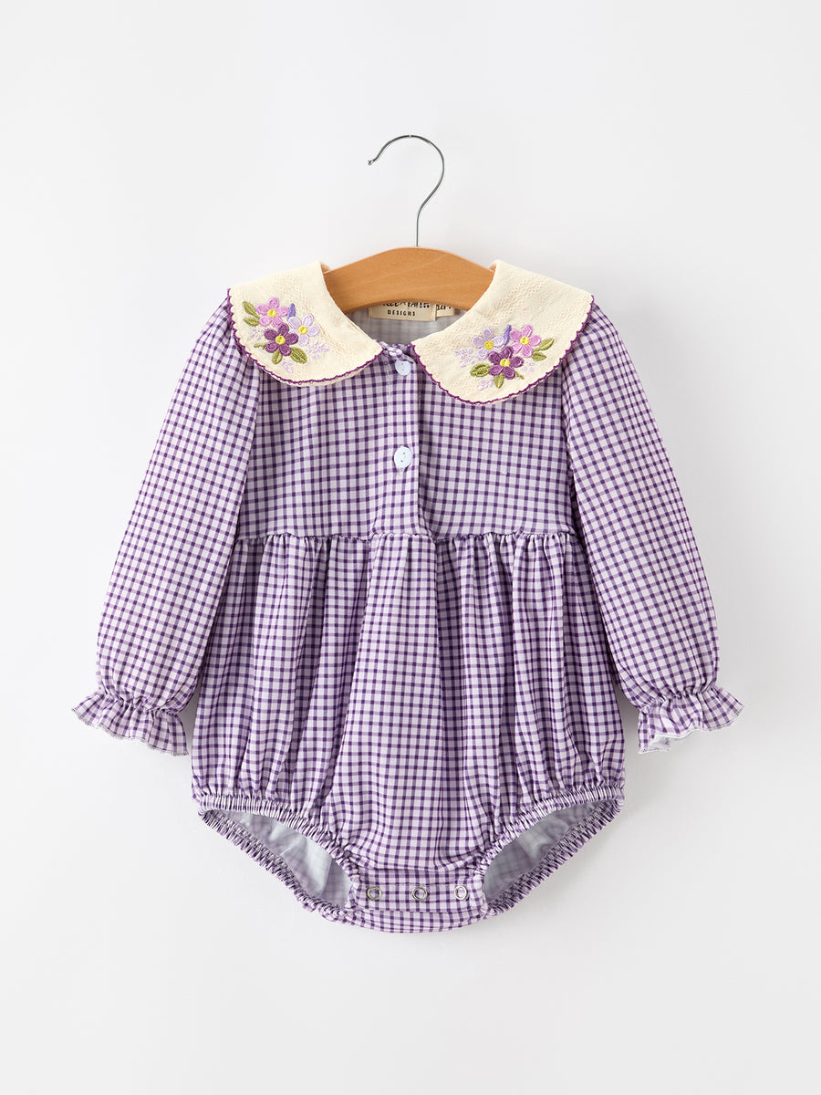 Girls Purple Plaid Floral Collar Bubble Romper