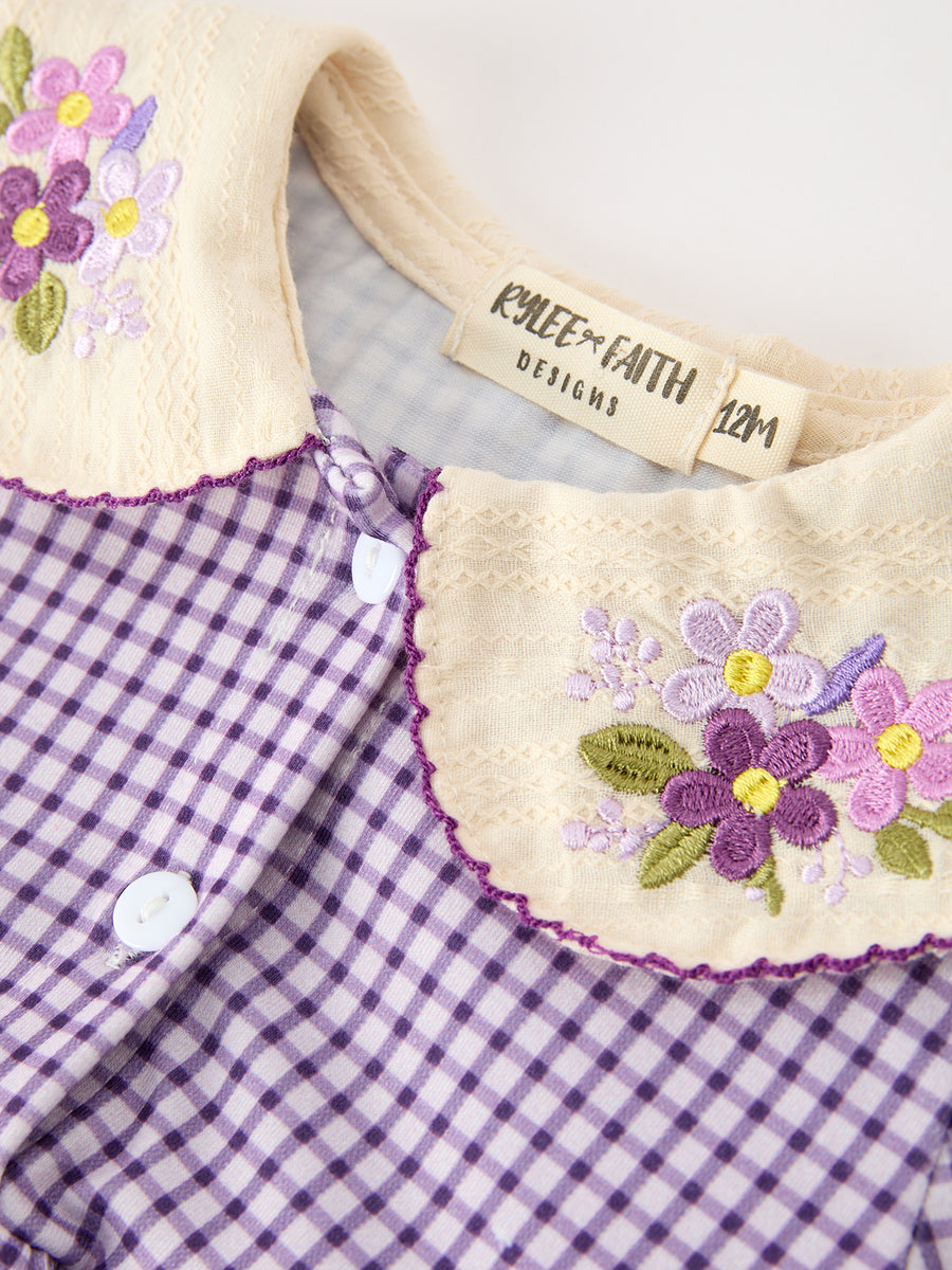 Girls Purple Plaid Floral Collar Bubble Romper