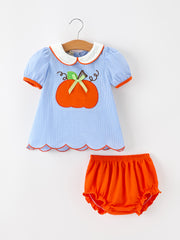 Fall Girls Pumpkin Appliqué Peter Pan Collar Bloomer Set