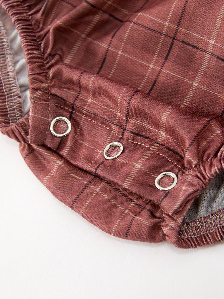 Baby Girls Brown Plaid Floral Lace Collar Romper