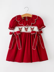 Girls Christmas Reindeer Smocked Red Bow Dress