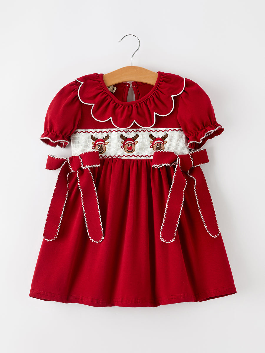 Girls Christmas Reindeer Smocked Red Bow Dress