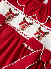 Girls Christmas Reindeer Smocked Red Bow Dress