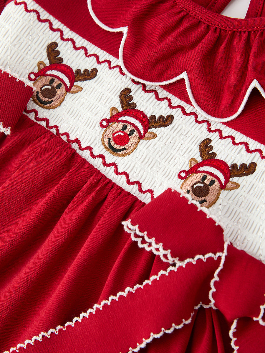 Girls Christmas Reindeer Smocked Red Bow Dress