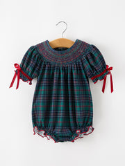 Girls Christmas Plaid Smocked Bubble Romper