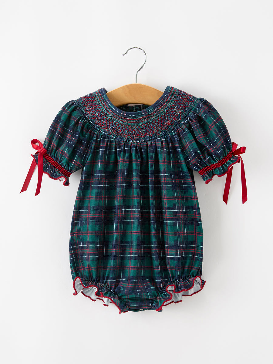 Girls Christmas Plaid Smocked Bubble Romper