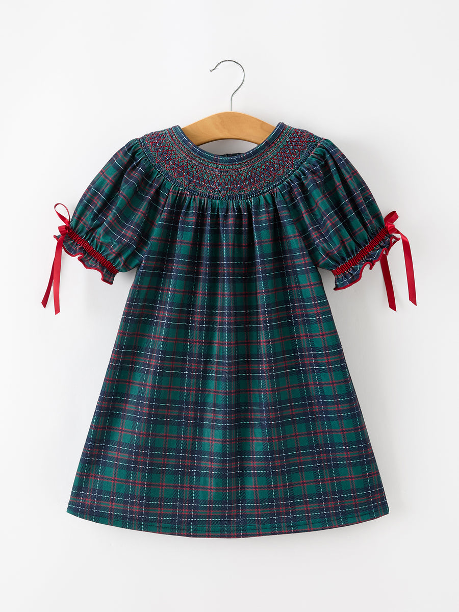 Christmas Girls Plaid Smocked Dres Puff Sleeves