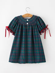 Christmas Girls Plaid Smocked Dres Puff Sleeves