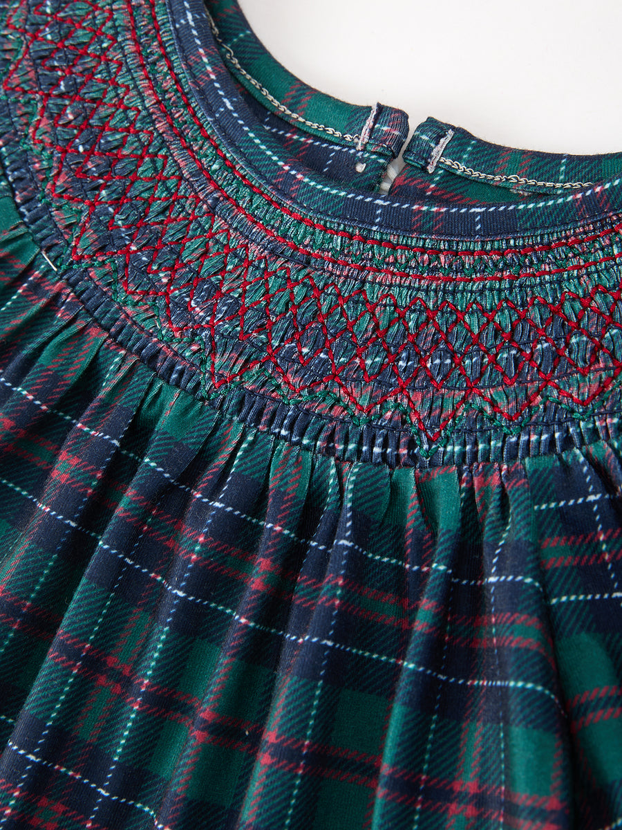 Christmas Girls Plaid Smocked Dres Puff Sleeves